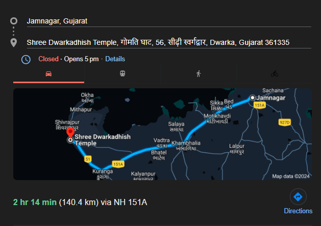 Jamnagar to Dwarkadhish Temple Distance